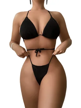 2-piece Set Black Sexy Bikini Linga Peldkostīmu Sadalīt Apkakli, Kaklasaiti, Peldbikses Uzvalks