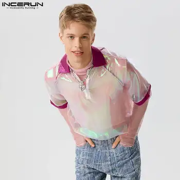 2023 Vīriešu Krekls Raibs Dzirkstošo Atloks ar Īsām Piedurknēm Pārredzamu Sexy Camisas Puse Streetwear Modes Krekli Vīriešu S-5XL INCERUN