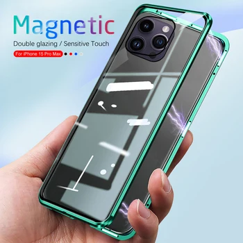 360° Magnētisko Flip Double Lietā Par Iphone 15 Pro Max Plus Sided Rūdīta Stikla Vāks Uz iphone 15 Pro i15 Anti Scratch Coque