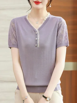 BOBOKATEER Melns T-Krekls Femme Poleras Mujer Camisetas Uzstādīti V veida Kakla Priekšpusē Pogas Gadījuma Adīt Vasaras Top Sieviešu Apģērbu 2023