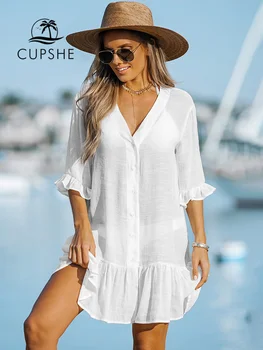 CUPSHE Balti Mežģīņu ar garām Piedurknēm Bikini neaizstāvēja Sieviešu Krekls Pludmales Kleita Tunika Shirtdress 2023 Vasaras Mini Kleita Beachwear