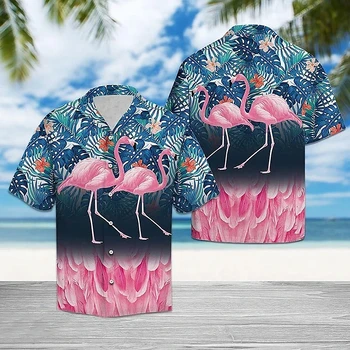 Flamingo 3d Drukāts Krekli, Vīriešu, Sieviešu Havaju Krekli Vīriešu Profesija, Blūzes Atloks Krekli Kuba Camisas Vīriešu Apģērbu Putnu