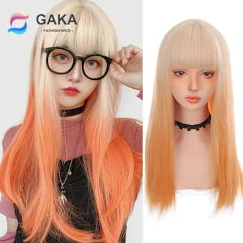 GAKA Long cirtaini mati vilnis oranža krāsa pretbloķēšanas parūka sieviešu karstumizturīgas sintētiskās šķiedras parūka cosplay Lolita