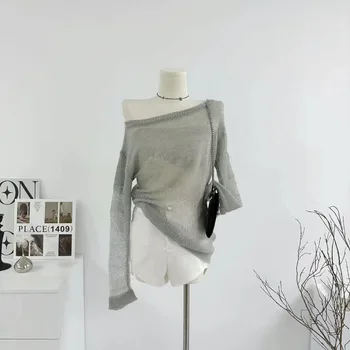 Garām piedurknēm Off-the-plecu Iela Adīt Džemperis Sievietēm korejas Modes Šiks Rudens Un Ziemas Asimetrisku Apkakles Džemperis