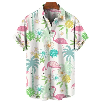 Havaju Krekls Vīriešiem Flamingo Modeli Vasaras Īsām Piedurknēm Apģērbs Lielgabarīta Streetwear Pogu, Atloks, Topi Gadījuma Beach Ceļojumu