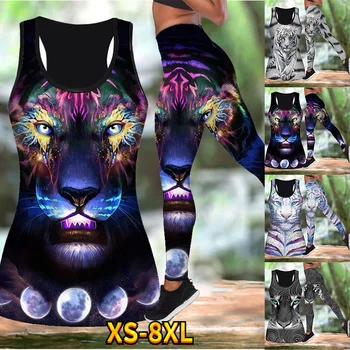 Jaunā Sieviešu Modes Tiger Jogas Apģērbs 3D Iespiesti Dobi Tvertnes Augšpusē Treniņu Krekls bez Piedurknēm Vasaras Veste Darbojas Uzvalku Bikses XS-8XL
