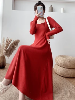 Korejas Trikotāžas Džemperis Midi Kleita Vintage Rudens Ziemas 2023 Jaunu Sieviešu Modes Garām Piedurknēm Gadījuma Elegants Bodycon Puse Kleitas