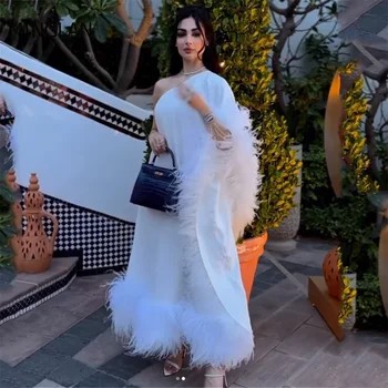 MULONG Teica Luksusa Dubaija Balta Vakara Kleitas Sievietēm Kāzu svinības Līdz 2023. Elegants Ilgi arābu Balli Formālās Kleitas Ar Spalvu