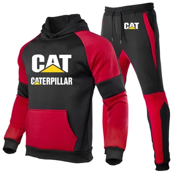 Pavasara Rudens Modes CAT Caterpillar Logo Drukāt Kabatas Dizaina Gadījuma Kapuci Hoodies+Sporta Bikses, Kokvilnas Lupatu Vīrietis Komplekti