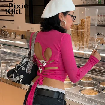 PixieKiki Dobi No Backless Bodycon Crop Topi Y2k Modes Redzēt Caur Rozā krāsā ar garām Piedurknēm T Krekls Sievietēm Rudens 2023 P84-BD12