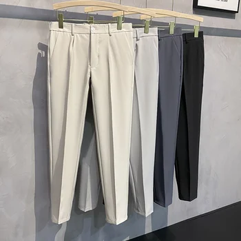 Puse-elastīgs Viduklis Uzvalku Bikses Vīriešu Haki Pavasara Rudens Brīvā laika Bikses Gadījuma Smart Tendence Slim Deviņu gabalu