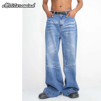 Retro Zilā Baggy Bikses Džinsa Vīriešiem Zaudēt Plaša Kāju Hip Hop Dizaina Streetwear Modes Y2k Jauniešu Apģērbu Gadījuma Universāls Ikdienas