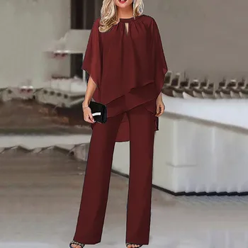 Rudens Modes Elegants Tīrtoņa Krāsu Šifona Taisni Garas Bikses Tērpiem Zaudēt Atpūtas Nelegālo Iestatīt Ikdienas Tērps Puse Apģērbi