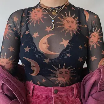 Saule, Mēness Iespiesti Caurspīdīga Sieta Sexy T-Krekls Sievietēm, O-Veida Kakla Garām Piedurknēm Augšu