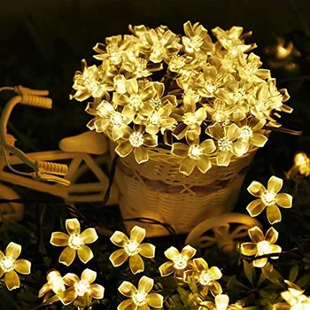 Saules Pasaku Stīgu Gaismas Sakura Vītnes Persiku Ziedu, Ķiršu LED Lampas Kāzu Puse, Dārza Āra Ziemassvētku Dekori