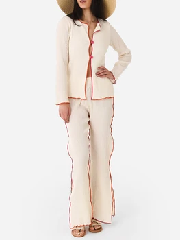 Sieviešu 2 Gabals Elsas Komplekti Loungewear Gadījuma garām Piedurknēm Pogas uz Augšu Topi Kontrasta Krāsu Sadalīt Garas Bikses Sleepwear Dāmām