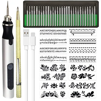 Uzlādējams Bezvadu Mini Graviera Pildspalvu DIY Gravēšanas Instrumentu Komplekts ar Metālu, Stikla, Keramikas, Plastmasas, Koka Rotaslietas, Trafareti B