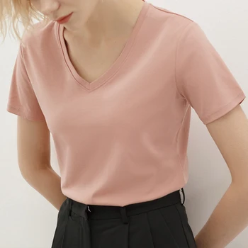 Vasaras Jaunā Modes Īsām Piedurknēm T-krekls Sieviešu Mercerized Kokvilnas V-veida Kakla vienkrāsainu T-krekls Sieviešu apģērbu