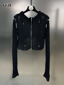 VGH Cietā dobi no Trikotāžas Džemperis Sievietēm Apaļu Kakla garām Piedurknēm Raibs Rāvējslēdzēji novājēšanu Džemperi Sieviešu Modes Stils