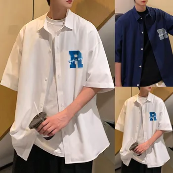 Vintage Krekls Vīriešiem Gadījuma Tīrtoņa Krāsu Atloks Vēstuli Ar Īsām Piedurknēm Krekls Campus Krekls Topi Vintage Apģērbu Jaciņa Dropshipping