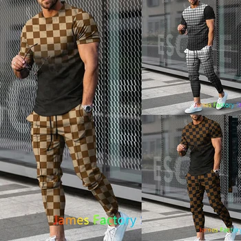 Vīriešu Lielgabarīta Tracksuit 2 Gabali, kas Nosaka Modes Slīpums Režģī, 3D Iespiesti Gadījuma Sporta Uzvalkā ar Īsām Piedurknēm, Garās Sporta Tērps