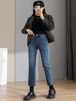 Zila sieviešu džinsi potītes garums meitenes y2k taisni labi stiept vintage streetwear džinsa bikses Kor modes Bikses 2022