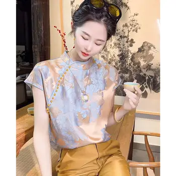 Zīda Sieviešu Krekli Vasaras 2023 Jaunās Drukas Ķīniešu Stila Blūzes Zaudēt Īsām Piedurknēm O-veida Kakla Top Satīna Elegants Apģērbs YCMYUNYAN