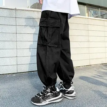 Āra Kravas Bikses Universāls Vīriešu Streetwear tīrtoņa Krāsu Kravas Bikses ar Elastīgu Vidukli, Multi Kabatas Plaša Kāju Gadījuma
